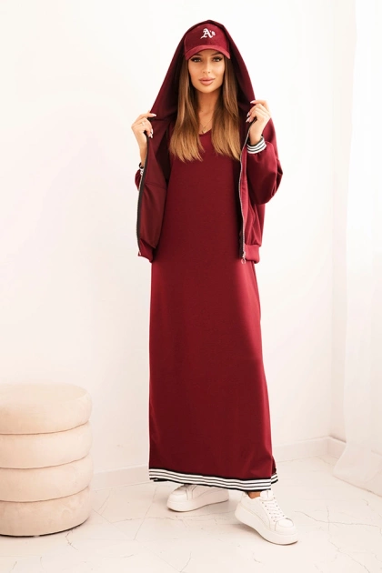 Komplet damska z wiskozą z rozpinaną bluzą i długą sukienką bordowa