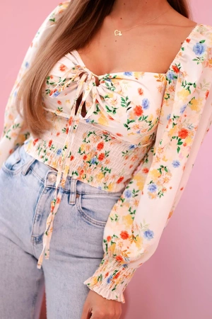 Bluzka damska hiszpanka w kwiaty, długi rękaw beżowa