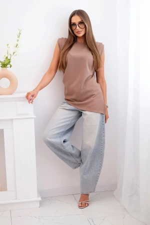 Bluzka damska elegancka z marszczeniem i asymetrycznym krojem camelowy