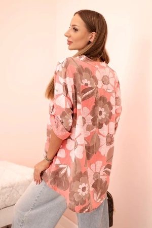 Koszula damska bawełniana z rękawem 3/4 wywijanym na guzik i kieszonką malinowa