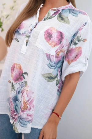 Bluzka damska z bawełny z kwiatowym wzorem biała