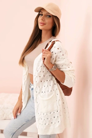 Kardigan damski ażurowy z kieszeniami ecru
