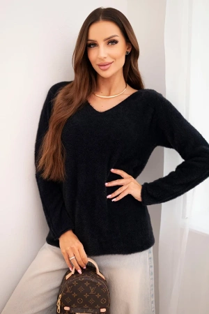 Sweter damski z miękkiej dzianiny z dekoltem V czarny