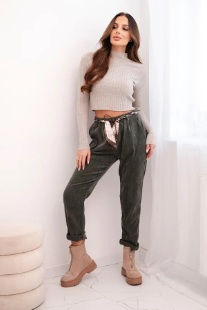 Spodnie damskie z wiskozy z apaszkowym paskiem khaki