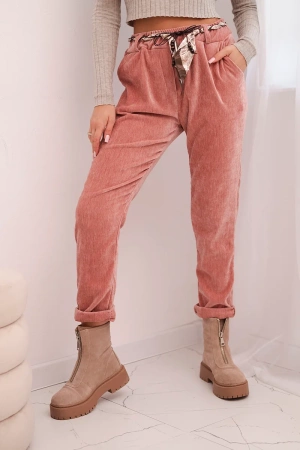 Spodnie damskie z wiskozy z apaszkowym paskiem ciemno różowe