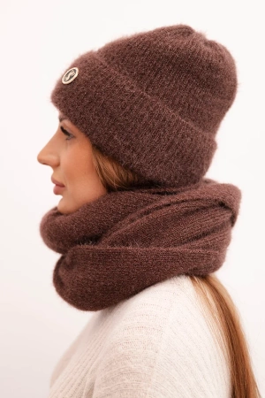 Komplet damski z czapką i kominem z miękkiej dzianiny brązowy