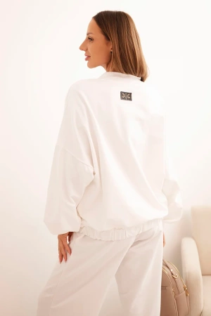 Komplet damski bawełniany z szeroką nogawką i bluzą na suwak ecru