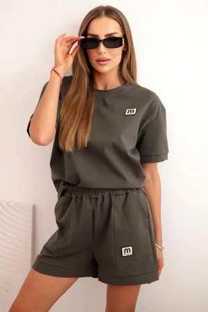 Komplet damski punto z krótkim rękawem i luźnymi szortami khaki