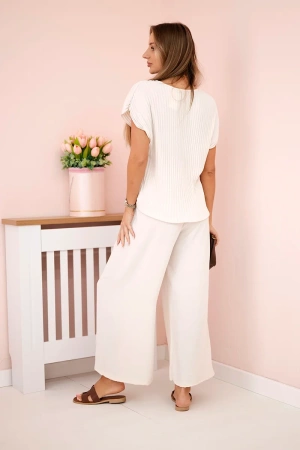 Komplet z wiskozy bluzka plisowana + spodnie beżowy