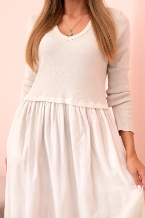 Sukienka damska z bawełną z długim rękawem i dekoltem V beżowa