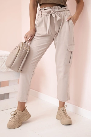 Spodnie damskie z wysokim stanem cargo beżowe