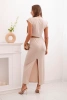 Komplet damski z bluzką z ozdobną klamrą i dopasowaną spódnicą beżowy
