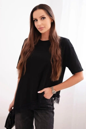 Bluzka damska bawełniana asymetryczna z koronką na dole czarna
