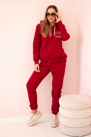 Komplet damski bawełniany ocieplany z nadrukiem bordowy