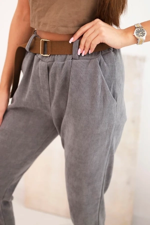 Spodnie damskie z paskiem sztruksowe ciemno szare