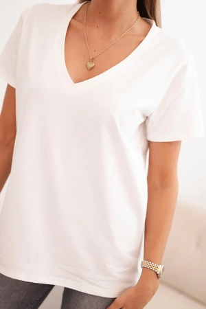 Bluzka damska bawełniana z dekoltem w serek z krótkim rękawem ecru